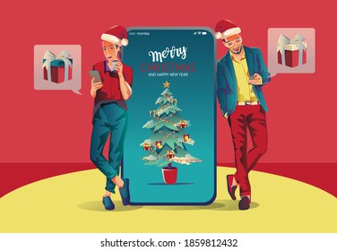 Family Use video conference Christmas and Happy new year concept enjoy the celebration, decoration, holding gift with Merry Christmas greeting tree in Red backgrounds pine tree, Vector Illustration 