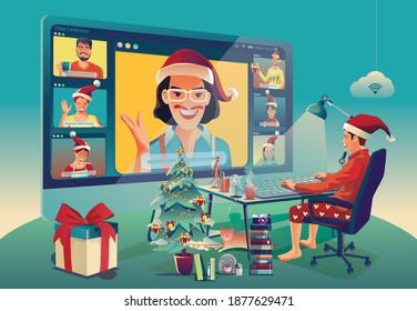 Family Use video conference Christmas and Happy new year concept enjoy the celebration, decoration, holding gift with Merry Christmas greeting tree in Red backgrounds pine tree, Vector Illustration