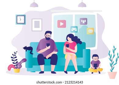 Family uses mobile phones. Dependence on gadgets, internet. Social networks addiction. Psychological problems. Parents and child are addicted to social media. Lack of live communication. Flat vector
