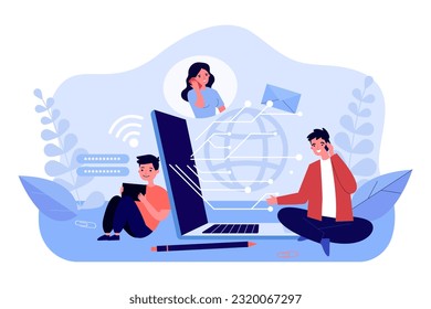 Family using devices for communication vector illustration. Huge laptop with circuit, father calling mother via phone, son connecting to Wi-Fi on tablet. Family, technology, communication concept