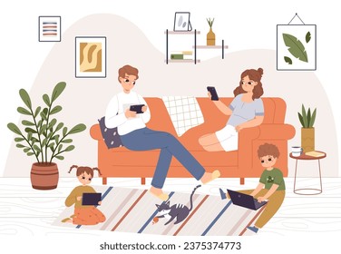 Family using gadgets at home. Evening in living room, adults and kids social media and internet addiction. People chatting and studying snugly vector scene