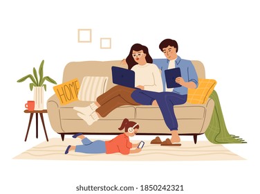 Family using gadgets. Home internet, child parents with tablet laptop smartphone. People addicted digital social media swanky vector concept