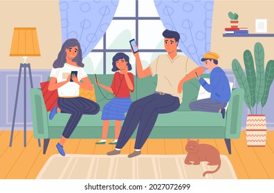 Family using gadgets. Parents and kids home, online time, users characters with digital devices in living room interior, social networks addiction. Vector cartoon concept