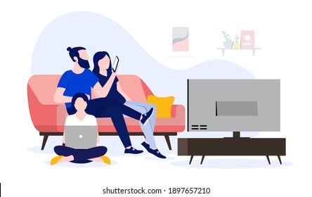 Family using internet at home - Watching tv, using computer and smartphone. Wifi and home network concept. Vector illustration.