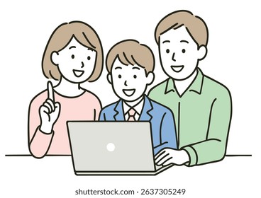 Family Using Laptop with Boy in Suit – Learning or Discussion Scene on white background