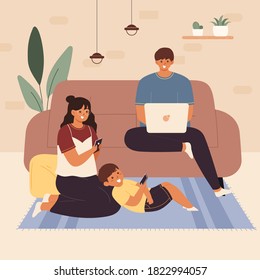 Familia usando electrónica portátil. Usuarios de redes sociales. Gente sosteniendo smartphones y tablets. Padres y niños pasan tiempo en línea.