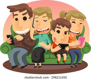 Family Using Smart Phones Vector Illustration Cartoon. 