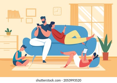 Family Using Smartphones And Tablets, Parents And Kids With Phones. Social Media Addiction, Children Use Gadgets At Home Vector Illustration. Father, Mother And Children With Devices