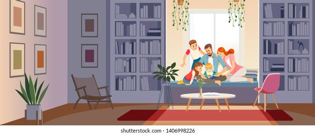 Family using tablet, mobile smartphone to perform online shopping. Vector cartoon illustration