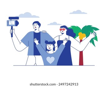 Vacaciones familiares en la playa, con mamá, papá e hija grabando un blog con una cámara. Diseño de personajes. Ilustración plana de Vector