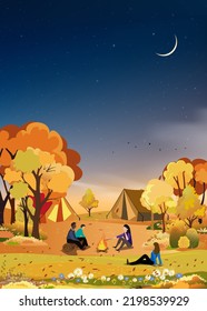 Family Vacation Camping At Countryside In Autumn. People Sitting Near Campfire Having Fun Talking Together,Vertical Vector Landscape Fall Forest Tree At Night With Crescent Moon, Star On Dark Blue Sky