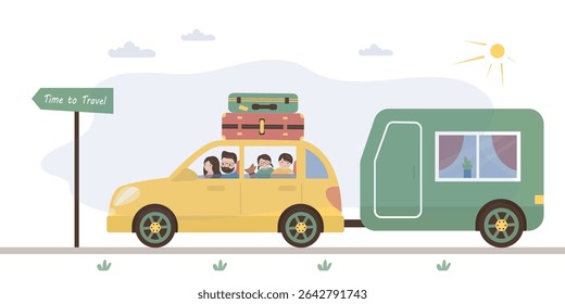 Férias em família no camping, viagem RV com crianças, pais felizes com crianças em viagem de férias em motorhome, exterior do camper. Comece a viagem. Férias de verão, feriados. ilustração de vetor plana