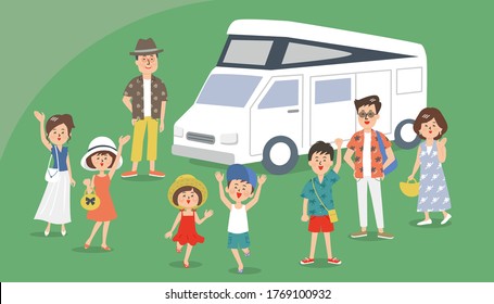 Family vacation in camping,RV travel with kids, happy parents with children on holiday trip in motorhome, camper exterior