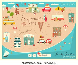 Tarjeta de vacaciones familiares. Casas de playa, caravanas, carros en afiche de verano. A orillas del mar. Camping. Ilustración vectorial.