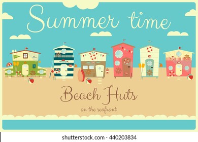 Family Vacation Card. Beach Huts on Seafront. Summer Poster. Camping. Vector Illustration.