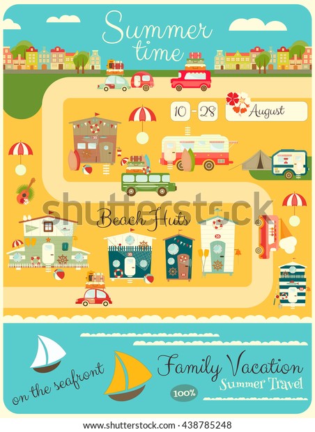 Family Vacation Card. Beach Huts, Caravans,\
Cars on Summer Poster. Seafront. Camping. Vertical Format Poster.\
Vector Illustration.