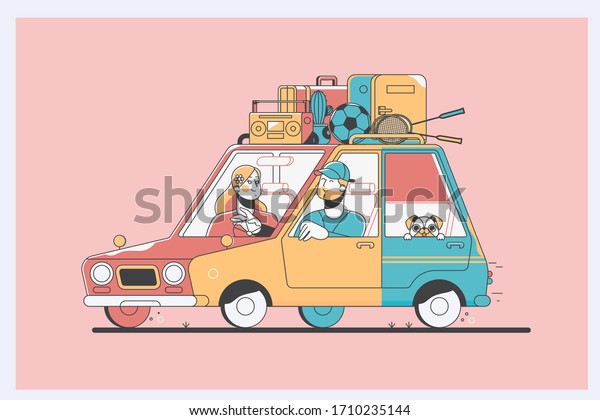 Family vacation.\
Cheerful young traditional family has a long auto journey.Line\
vector illustration