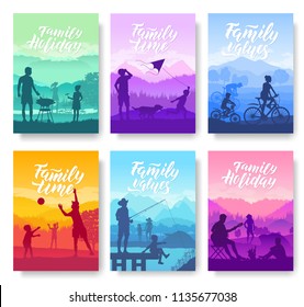 family vacation with children in nature brochure cards set. Friendly resorts  template of flyear, magazines, poster, books, invitation banners. Best Family getaways layout modern 