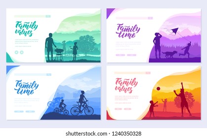 family vacation with children in nature brochure cards set. Friendly resorts  template of flyear, web banner, ui header, enter site. Invitation concept background. Layout modern slider 