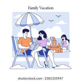 Family Vacation concept. A harmonious family spends quality time at the beach, building a sandcastle and enjoying a sunny day. Leisure, relaxation, and family bonding. Vector illustration.