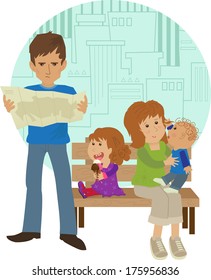 Family Vacation - Cute family on vacation with a stylized cityscape in the background. Eps10
