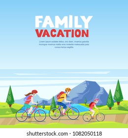 Family vacation, cycling and outdoors sports activity. Mom, dad and daughter riding bicycles on mountain road. Vector cartoon style illustration.