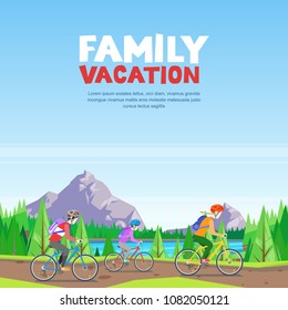 Family vacation, cycling and outdoors sports activity. Mom, dad and son riding bicycles on mountain road. Vector cartoon style illustration.