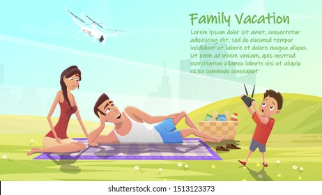 Family Vacation Flat Cartoon Banner Vector Illustration. Happy Members on Picnic. Father, Mother and Son Having Rest in Nature. Boy Playing with Flying Quadcopter or Drone. Basket with Food.