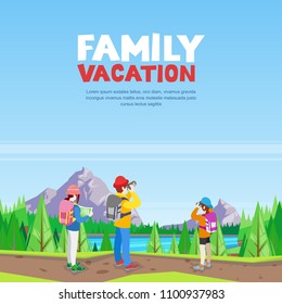 Family vacation, hiking and outdoors sports activity. Vector cartoon style illustration. Mom, dad and daughter walking on mountain road and making photo.