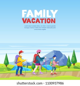 Family vacation, hiking and outdoors sports activity. Mom, dad and son walking on mountain road. Vector cartoon style illustration.