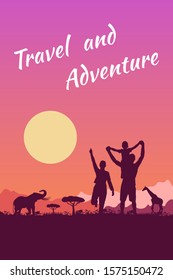 Family vacation and holiday outdoor. People in a wild watch the animals and the sunset. Child and parents rest together. Adventures of father, mother and son in the Equatorial latitudes. Flat vector.