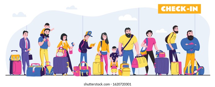 Family vacation horizontal composition with chech in symbols flat vector illustration