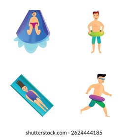 Family vacation icons set cartoon vector. People in aquapark. Active recreation