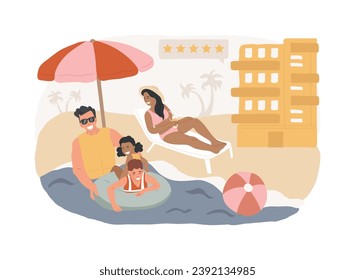 Ilustración vectorial de concepto aislado de vacaciones familiares. Hotel todo incluido, aventura familiar, vacaciones en la playa, parque nacional, excursión de fin de semana, camping de verano, costa, concepto de vector de buceo.