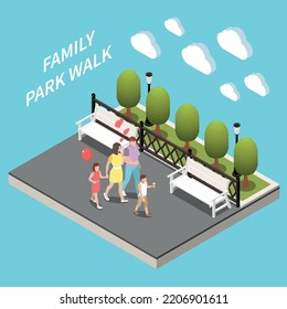 Family vacation isometric background with parents and their kids walking in city park vector illustration