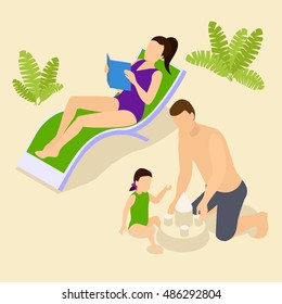 Family Vacation Isometric Composition With Reading Woman And Man With Girl Playing In Sand Vector Illustration   