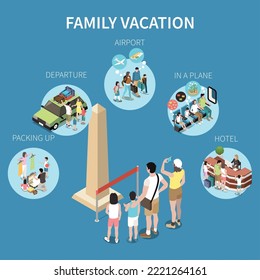 Family vacation isometric design concept with parents and their children going on long journey in airplane vector illustration