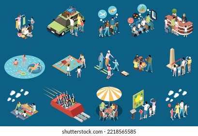 Family vacation isometric set of people spending time in coffee shop amusement park on excursion and picnic isolated vector illustration