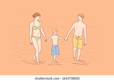 Family, vacation, love, happiness concept. Mother, father and son love spend time together. Family is walking on seashore, enjoying their vacation. Family love is true happiness. Simple flat vector