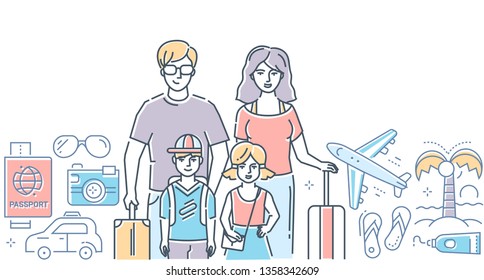 Family vacation - modern colorful line design style illustration on white background. Composition with young parents, children, boy, girl, tourists, images of passport, taxi, plane. Summer holidays