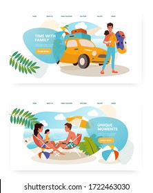 Family vacation on a beach concept illustration. Family travel by car with kid. Vector web site design template. Landing page website illustration.