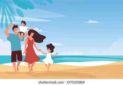 Family vacation on the beach, parents have fun with children at the sea. Mom and dad with a girl and a boy relax in the summer. Flat cartoon illustration. Banner with copyspace.