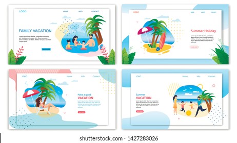 Family Vacation on Summer Holidays Landing Page Set. Best Proposition from Online Travel Agency. Parents and Children, Woman Along Having Fun and Rest on Tropical Beach. Vector Illustration