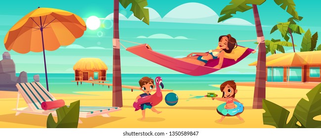 Family vacation on tropical resort cartoon vector with happy mother relaxing, lying in hammock between palms while children playing with ball and water gun on beach illustration. Leisure on seacoast