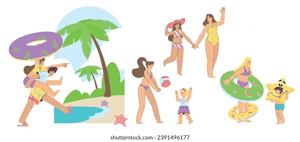Family Vacation with Parent and Kids Enjoy Resort and Summer Holiday Vector Set