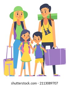 Family vacation. Parents and kids holding travel bags and backpacks