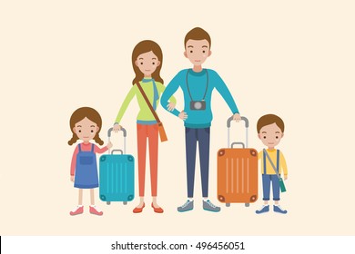 Family vacation. Family people travelling. Family vacation with children and suitcases vector illustration