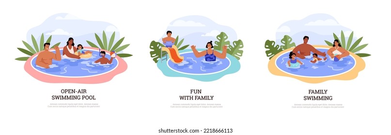 Family vacation and relaxation in the pool. Swimming pool banners with characters of parents and children, flat cartoon vector illustration isolated on white background.