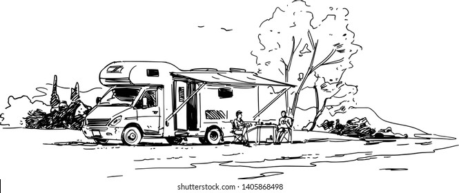 Family vacation. RV. Black and White Illustration. Side view