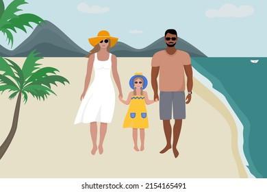 Family vacation at sea. Father, mother, daughter. Vector illustration 